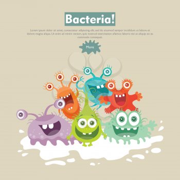 Bacteria web banner. Group of funny colorful microbes cartoon characters vector illustrations. Smiling and scary virus, pathogen cell, germ, parasite. For medical, hygienic, science web page design