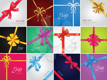 Big collection of various gift bows and ribbons. Yellow, red, blue, white, violet, pink lines. Wide and narrow ribbons. Decorations for gifts, presents, boxes. Cartoon design Vector illustration