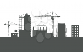 Four unfinished buildings silhouettes. Industrial cranes. Process of building. Big cranes holding special elements. Various kinds of houses. Illustration of construction. Cartoon design. Vector