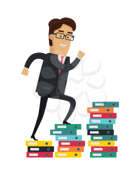 Career progression vector concept. Flat design. Smiling businessman character climbs the stairs of documents. Paper work and education. For business concepts and infographics. On white background.