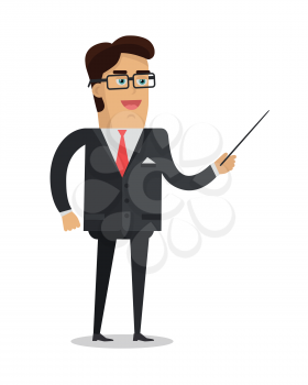 School teacher vector. Flat design. Man character in suit, tie and glasses standing with pointer. Lecturer, professor, instructor, businessman illustration for educational concepts, courses, trainings ad