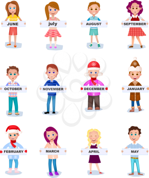 Set of people holding months names in hands. June July August September October November December January February March April May. Males and Females in seasonal apparel. Vector flat illustration