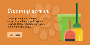 Brown cleaning service banner with green bucket, broom green and red scoop. House cleaning service, professional office cleaning, home cleaning, domestic cleaning service. Website template