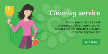 Cleaning service advertisement card. Woman member of cleaning service staff with dustpan and broom. Worker of cleaning company. Successful cleaning business company poster. Lady housekeeper. Vector