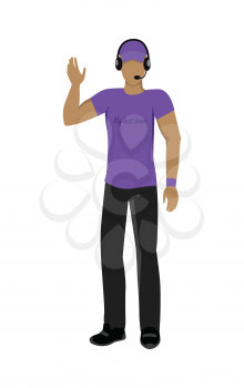 Cartoon soccer referee in black and violet uniform and violet hat. Speaking into lip-ribbon microphone. Main referee. Judging the competition. Football match. Flat referee icon. Football logo. Vector