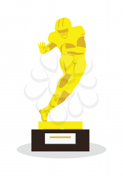 Heisman Memorial Trophy. Gold reward for football achievements. American football player in uniform. Gold football equipment. Sport team game. Cartoon icon of football player. Sportsman. Vector