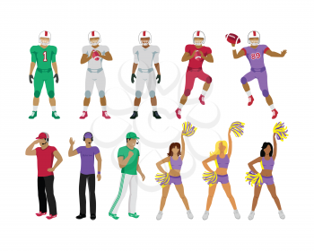 Collection of icons of american college football players. Three football coaches. Cheerleading girl teams. Three standing men. Two jumping and throwing balls players underneath. Flat design. Vector