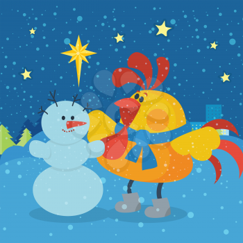Rooster sculpts snowman. Cute cock dancing near snowman at Christmas eve night flat vector. Chinese zodiac calendar cartoon character. Merry Christmas and Happy New Year concept for greeting cards