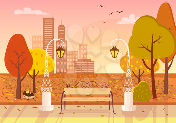Autumn city park at sunset. Wooden bench, vintage street lights, colorful trees, defoliation, city buildings, setting sun, hedgehog flat vectors. Autumn idyll. Peaceful place for evening strolling