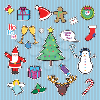 Set of Happy New Year and Merry Christmas patch. Cut out of paper. Patch Xmas tree, snowman, present, Santa Claus, deer, candy stick, speech bubble, gift, angel. Patch in cartoon style. Vector