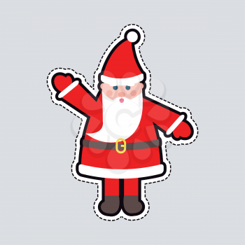 Illustration of isolated Santa Claus toy with raised hand patch. Cut out of paper. Man in red xmas hat and with white beard. Brown belt on waist. Simple cartoon style. Flat design. Front view. Vector