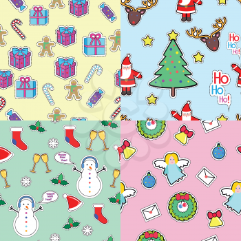 Gifft boxes, candies, angel, wreath, bell tree santa clause, snowman, socks, speech bubble, mistletoe, snowflakes, glasses seamless patterns set Christmas elements in cartoon style Vector illustration