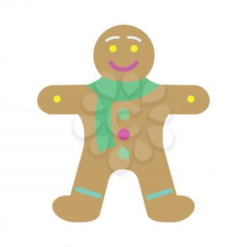 Gingerbread man decorated colored icing. Holiday cookie in shape of man. For new year s day, christmas, winter holiday, cooking, new year s eve, food, silvester. Comic illustration in 80s 90s style