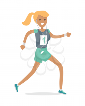 Young woman goes in for sport. Sportive athletic girl runner isolated on white. Athletics sport template. Active way of life concept. Competition, achievements. Cartoon character. Vector illustration