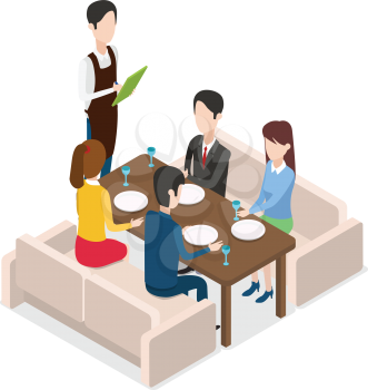In Restaurant waiter with notebook taking order. Table for four people. Two male and two female customers are sitting at brown table. Two light sofas. Four plates and glasses are on table. Vector