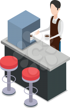 Bartender holding one cup of coffee near bar counter. Two glasses. Brown pinner. Process of making coffee. Two high red seats in front table. Coffee machine on bar counter. Flat design. Vector