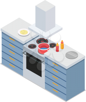 Four-burners cooker isolated. At restaurant kitchen. Isometric 3d. Process of meal preparing. Sauce bottles and tray are on workplace. Modern cooking appliance. Flat style design. Vector illustration
