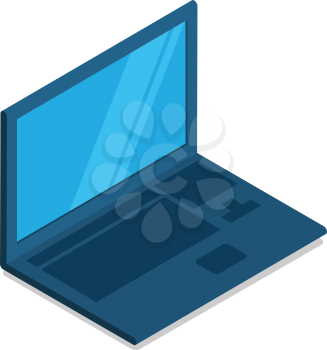 Laptop flat icon with blank blue screen. Laptop in side view. Concept of IT communication, e-learning, internet network. Isolated object on white. Device for registration restaurant orders. Vector