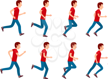 Collection of running man icons. Animation sprite set frame loop. Sport. Run. Active fitness. Exercise and athlete. Variety of sport movements. Flat cartoon style. Side view. Simple design. Vector