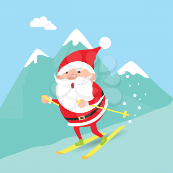 Santa Claus moving down from mountains. Winter time. Illustration of isolated male person with yellow skis. High hills covered with snow. Cartoon design. Active holidays. Flat style. Vector.