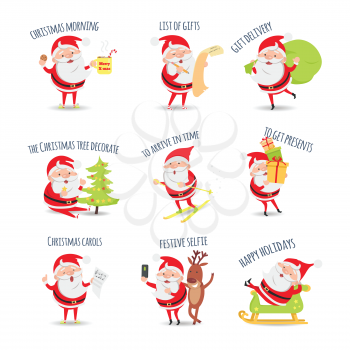 Santa Claus. Collection of posters. Xmas morning. List of gifts. Gift delivery. The christmas tree decorate. To arrive in time. To get presents. Christmas carols. Festive selfie. Happy holiday. Vector