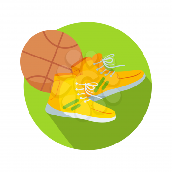 Soccer boots and ball web button. Basketball boots and basketball ball. Sneakers athletic shoes, tennis shoes, runners, takkies, or trainers. Dribbling, passing, shooting ball into basket. Vector