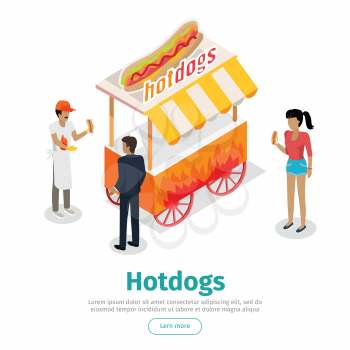 Hotdogs concept web banner. Street cart store on wheels with hotdogs, seller and clients buying food isometric projection vector illustration on white background. For street eatery landing page design