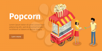 Popcorn concept web banner. Street cart store on wheels with popcorn, a woman vendor sells portion of snacks to the man buyer isometric projection vector illustration on orange background. For fast food ad