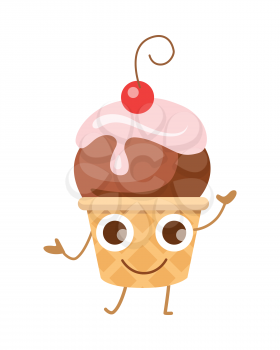Ball of ice cream in cone with one cherry. Funny happy cartoon character. Crispy brown round waffle cup. Chocolate ice with pink flowering topping. Tasty confectionery. Flat design. Vector illustration