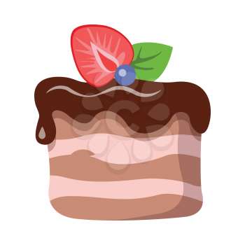 Piece of cake with flowing chocolate cream. Sweets isolated Illustration. Dark and light lines. Strawberry, green leaf and blueberry on top of pastry. Simple cartoon style. Flat design. Vector