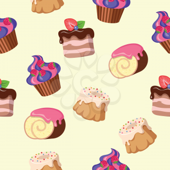 Cupcake, round cake, cake with flowing chocolate cream, chocolate swiss roll seamless pattern. Endless texture with delicious confectionery. Tasty bakery. Vector illustration in flat style design