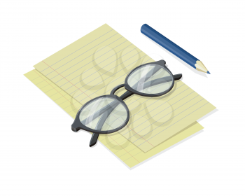 Notepad sheets with folded glasses and pencil vector in isometric projection. Simple tools for planning. Writer, teacher, student, journalist instruments. For business, brainstorming concepts  