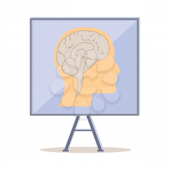 Board on stand with human head silhouette and brain flat vector isolated on white background. Human anatomy illustration. For scientific and medical concepts  and infographics design.