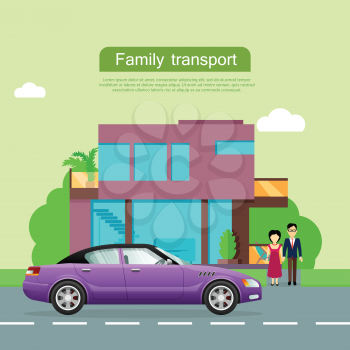 Family transport banner. Family couple standing near modern house and sedan flat vector illustrations. Buying new car for family needs. Personal transport. For car dealer, shop landing page design   