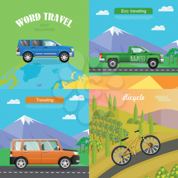 Transport. Collection of Four Auto Pictures. Blue car on planet. Green pickup on road near mountains. Orange big automobile on road to hills. Sports bike riding up path. Simple cartoon style. Vector