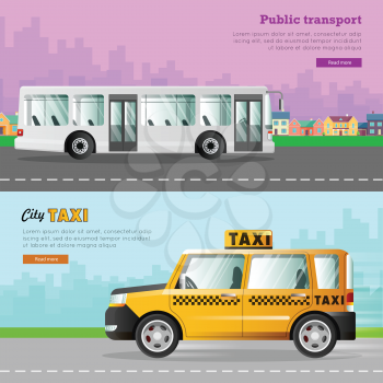 Transport. Collection of two different automobile icons. White passenger bus with two automatic doors. Fast four-wheeled mean of transportation. Taxi on road in city. Cartoon design. Vector