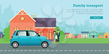 Family transport banner. Couple with child standing near house and mini car flat vector illustrations. Buying new car for family needs. Economic small car. For car dealer, shop landing page design