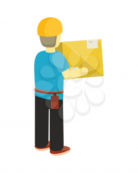 Delivery man holds package in his hands. Manager deliver goods to designated place. Equipment delivery process of warehouse. Loader man isolated on white background. Business delivery of cargo. Vector