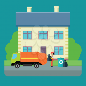 Cleaning garbage from the city streets vector illustration. Flat design. Garbage truck takes trash bags near beautiful house. Municipal utilities work illustrating. Waste sorting and recycling.