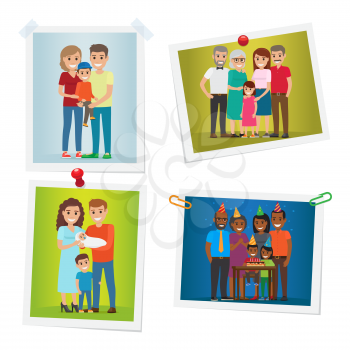 Family photos with happy moments set gallery on white. Vector poster of pictures with parents holding son on hands daughter near parents and grandparents couple with newborn celebrating birthday