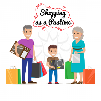 Shopping as a pastime vector illustration. Shopping together with family grandmother with bags, grandfather with bags and box, and boy with box. Grandparents make presents for adorable grandson