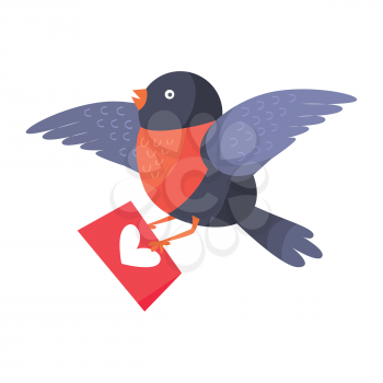 Bullfinch bird with red chest flying with envelope isolated on white. Bird holds mailing letter with heart. Cute cartoon greeting card design. Valentines day concept vector illustration in flat style