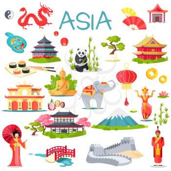 Asia collection of symbolic elements on white. Vector illustration of Great wall of China, oriental man and woman, grey elephant, special buildings, panda in bamboo sticks, high mountains, sushi set