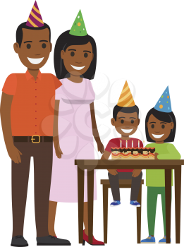 Boy sitting at table with birthday decorated cake with candles and elder girls stands near. Mother and father congratulate their son. Vector of smiling family celebrating Birthday in festive caps