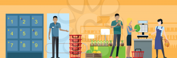 Shopping in supermarket vector. Flat style design. Buyers and store employees in grocery store interior. Guard at the exit near lockers, customers with fruits, seller in apron working on scales. 
