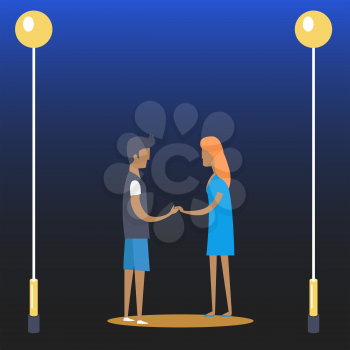 Young couple of boy in t-shirt and shorts and girl in dress in love holding their hands near street lamps in the evening. Vector illustration of cartoon isolated pair spending time together outdoor