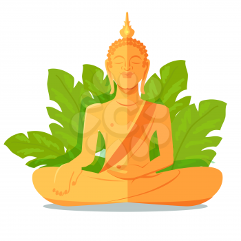 Buddha golden statue close up isolated against green big leaves on white background. Asian traditional Buddha statue in lotus posture sitting with one hand on leg and special element on head.
