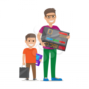 Father with son buying electronics. Pleased man and boy standing with bought goods and paper bags flat vector isolated on white background. Happy customers illustration for shopping and sale concepts