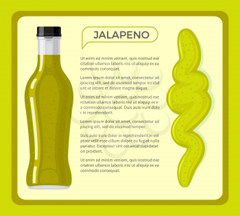 Jalapeno sauce green bottle with its spot and text information inside picture. Traditional oriental dressing that makes dishes more tasty and spicy and info about it vector illustration in flat style