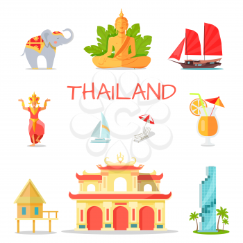 Thailand national symbols set. Thai cultural, architectural, nature and historical touristic attractions flat vector icons isolated on white background. Vacation in exotic asian country concept  